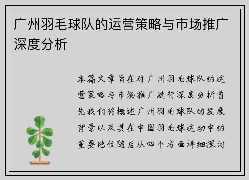 广州羽毛球队的运营策略与市场推广深度分析